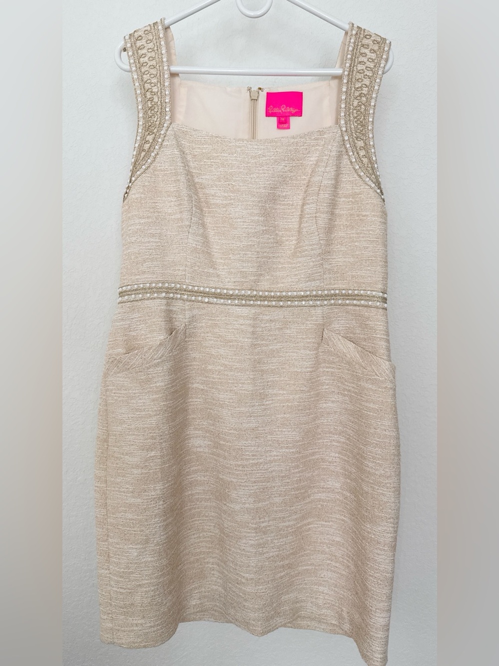 Lilly Pulitzer Cream Sleeveless Tweed Midi Dress with Beaded Trim
